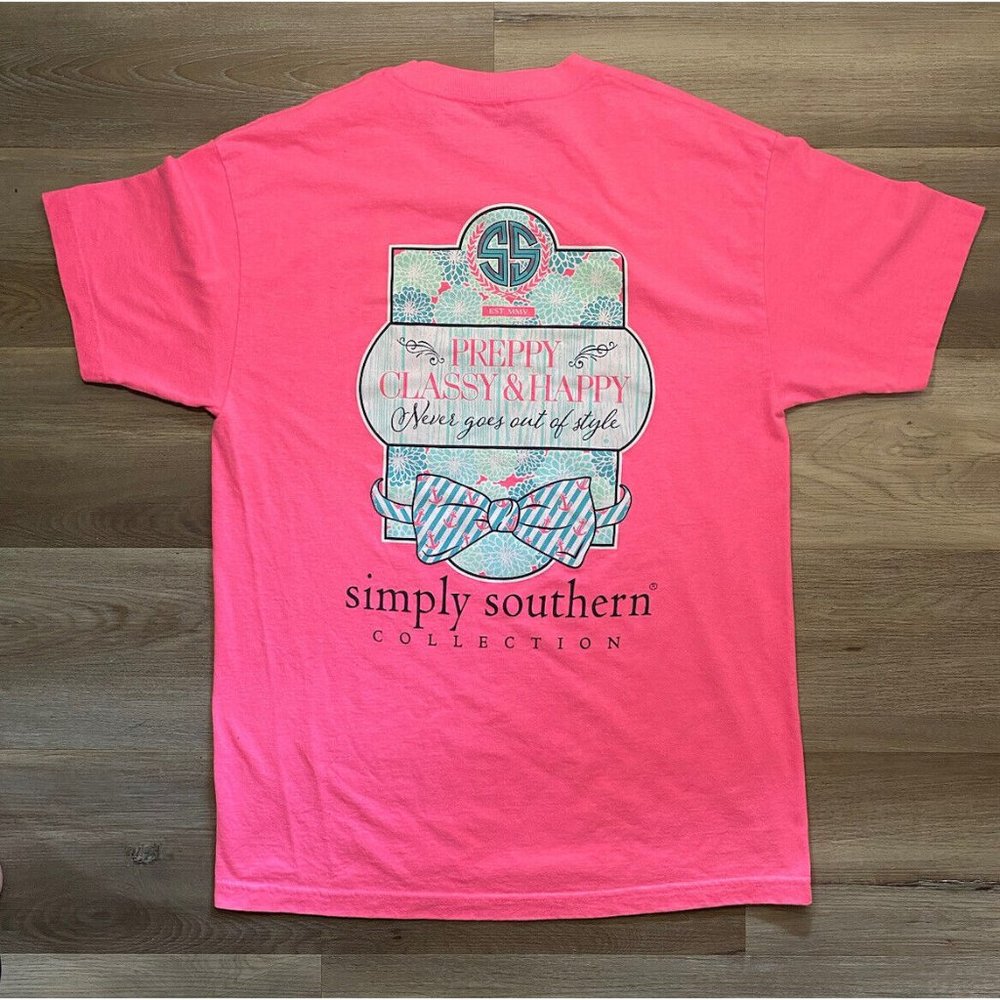 Simply Southern Pink Preppy Classy Happy Short Sleeve Top Womens Size Large L